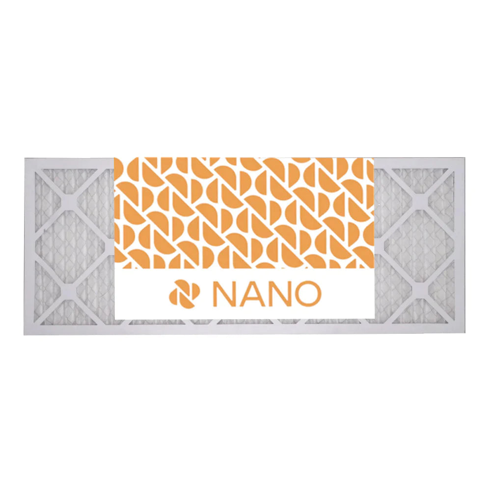 R The image depicts a rectangular air filter. The filter is encased in a sturdy frame, and its surface appears to be composed of multiple layers of filtration material. The frame is clean and white, and the layers of the filter material are visible through the frame. The layers have a slightly textured appearance.