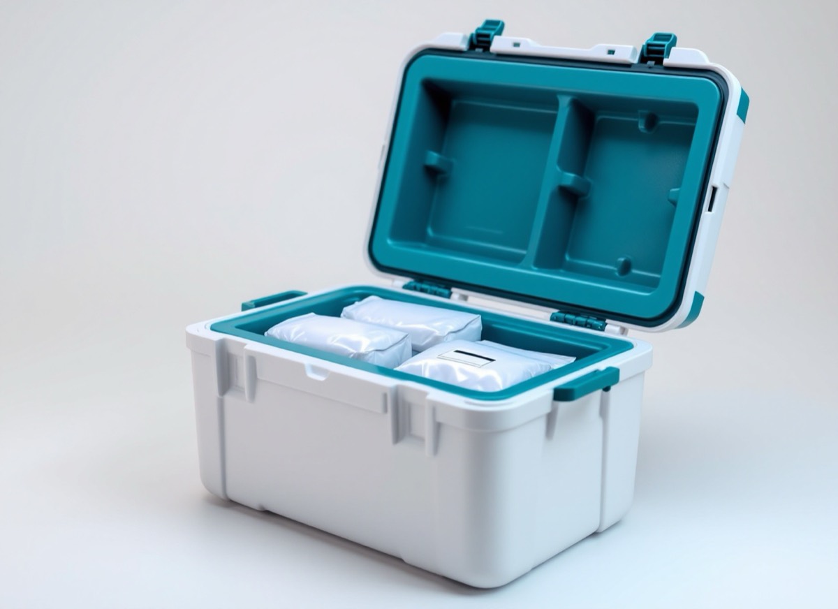 Open cold-chain shipping container holding sealed pharmacy packages and gel packs