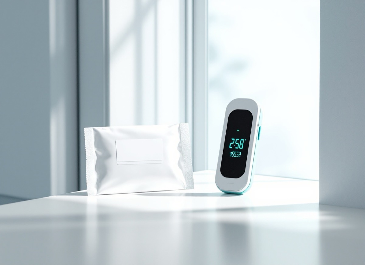 Sealed medication package with a temperature monitor beside a bright doorway