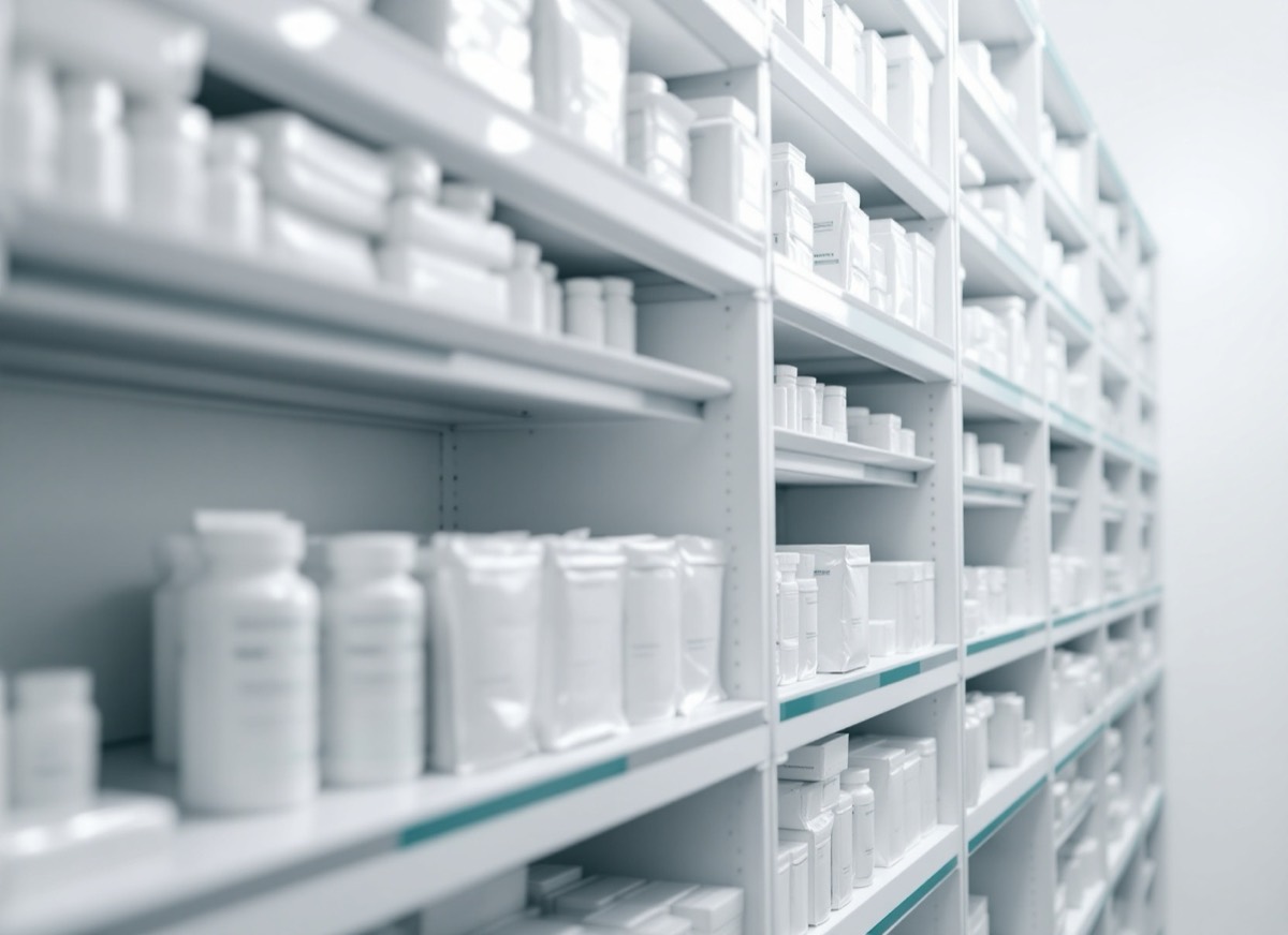 Sealed pharmacy packages organized on shelving in a temperature-controlled storage room